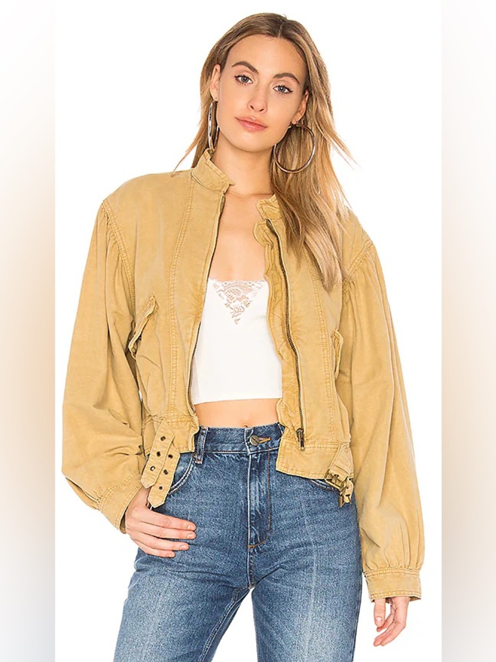 Free People Mustard Utility Jacket Balloon Sleeve Cropped Zip Jacket M
